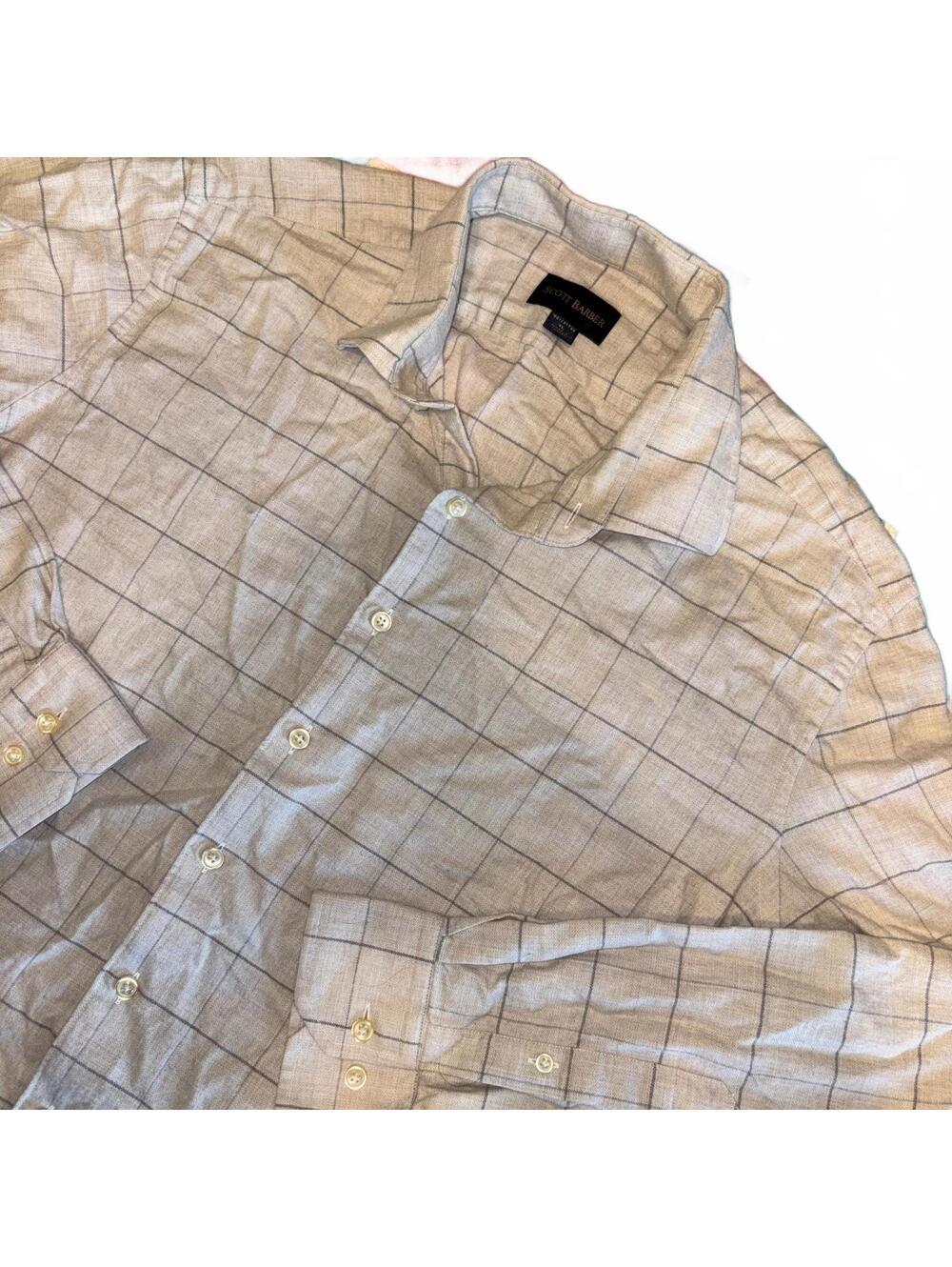 Scott Barber $165 XL Men's Button-Up Cotton Shirt Beige Windowpane Check *Read